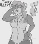  after_exercise anthro athletic athletic_anthro beverage big_breasts bodily_fluids breasts clothing exercise eyewear female fur glasses gym_clothing mammal midriff monochrome muscular outottered22_(artist) sam_(outottered) solo sweat sweaty_breasts text towel towel_around_neck training_bra ursid water_bottle wiping_forehead workout 