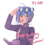  310v3 ahoge arm_up artist_name bangs black_jacket blue_flower blue_hair blush book character_name commentary danganronpa_(series) danganronpa_v3:_killing_harmony dated flower hair_flower hair_ornament hand_up happy_birthday head_wreath highres holding jacket long_sleeves male_focus open_book open_mouth saihara_shuuichi short_hair simple_background sketch solo sparkle turtleneck twitter_username upper_body upper_teeth white_background white_flower 
