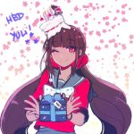  1girl 310v3 ;) bangs black_hair blunt_bangs box brown_hair cake candle cherry commentary danganronpa_(series) danganronpa_v3:_killing_harmony english_commentary eyebrows_visible_through_hair food food_on_head fruit gift gift_box hair_ornament hair_scrunchie happy_birthday harukawa_maki highres holding holding_gift long_hair looking_at_viewer low_twintails miniboy mole mole_under_eye momota_kaito object_on_head one_eye_closed red_eyes red_scrunchie red_shirt sailor_collar school_uniform scrunchie serafuku shirt skirt smile solo_focus twintails upper_body very_long_hair 