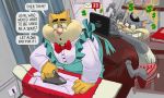  5:3 anthro apron bodily_fluids bondagefanart bow_tie boxer_briefs butt cartoon_network chubby_cheeks clothing computer confusion curtains dialogue dollar_sign domestic_cat duo elmo_(the_fat_cats) english_text felid feline felis hanna-barbera hi_res laptop louie_(the_fat_cats) male male/male mammal overweight overweight_male shirt sibling speech_bubble sweat text the_fat_cats thick_thighs toony topwear typing underwear what_a_cartoon! 