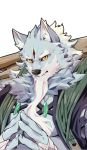 2021 beard canid canine canis clothed clothing facial_hair fur grey_body grey_fur humanoid_hands law_(sdorica_sunset) male mammal multicolored_body multicolored_fur pawpads relax_lion sdorica sdorica_sunset simple_background solo two_tone_body two_tone_fur white_background white_body white_fur wolf wood yellow_eyes 