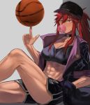  1girl abs basketball breasts chewing_gum choker dark_skin dark_skinned_female gym_shorts hand_in_pocket hat hun_yan long_hair muscular muscular_female original ponytail red_hair scar scar_on_face shorts thighs toned 