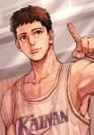  1boy armpits basketball_uniform brown_eyes brown_hair closed_mouth collarbone hand_up hungry_clicker index_finger_raised indoors jin_soichiro looking_at_viewer male_focus muscular slam_dunk smile solo sportswear sweat upper_body 