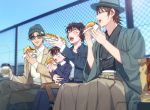  1girl 3boys :d ^_^ akai_shuuichi arm_around_waist beanie belt black_hair blue_eyes blue_jacket blue_pants blue_shirt blue_sky blurry blush brown_hair brown_pants cardigan casual chain-link_fence child closed_eyes coffee_cup collared_shirt commentary_request crossed_legs cup day depth_of_field disposable_cup eating edogawa_conan fast_food feet_out_of_frame fence food food_on_face glasses green_eyes green_headwear green_kimono grey_pants hakama hamburger haneda_shuukichi haori hat holding holding_cup holding_food hot_dog jacket japanese_clothes k_gear_labo kimono long_sleeves looking_at_another meitantei_conan multiple_boys open_clothes open_jacket open_mouth outdoors pants sera_masumi shirt short_hair sitting sky smile sunglasses upper_teeth white_cardigan white_shirt wide_sleeves 