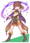  1girl bare_shoulders blush boots bow brown_eyes brown_footwear brown_hair butterfly_wings delthea_(fire_emblem) dress fake_wings fire_emblem fire_emblem_echoes:_shadows_of_valentia fire_emblem_heroes hair_bow highres kutabireta_neko ponytail short_dress simple_background smile solo white_background wings 
