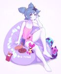 1girl arm_support bare_legs barefoot bean_bag_chair blue_eyes blue_hair blush burou_(muse_dash) camisole character_doll character_request chromatic_aberration closed_mouth colored_skin commentary cookie doughnut english_commentary flat_chest food grey_skin hand_up highres looking_at_viewer muse_dash panties pink_panties pocky robot short_hair signature simple_background sitting smile solo twintails underwear w white_background yoako 