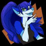  2021 anthro blue_body blue_fur blue_hair breasts canid canine canis clothed clothing digital_media_(artwork) domestic_dog eyebrows eyelashes female firetally fur green_eyes hair hi_res looking_at_viewer mammal open_mouth solo teeth tongue 