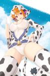  1girl animal_ears animal_print bangs breasts cleavage cow_ears cow_horns cow_print eyebrows_visible_through_hair glass hand_on_hip highres hood hooded_jacket horns jacket kneeling large_breasts milk one-piece_swimsuit open_mouth orange_hair original print_legwear rankiryuu red_eyes solo swimsuit swimsuit_under_clothes tail thighhighs 