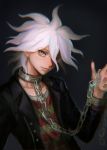  1boy akiko_141 bangs black_jacket broken broken_chain chain chained collar collarbone commentary cuffs danganronpa_(series) danganronpa_another_episode:_ultra_despair_girls hair_between_eyes hand_up handcuffs highres jacket komaeda_nagito long_sleeves looking_at_viewer male_focus open_clothes open_jacket red_nails shackles smile solo upper_body white_hair 