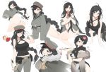  1girl ahoge alternate_costume apple ass black_hair black_tank_top bracelet braid breasts chinese_clothes cleavage food fruit fur_trim general_liu_(girls_frontline) girls_frontline gloves hat highres jacket jewelry large_breasts long_hair mouth_hold navel necklace panda_panties panties pipe ribbon ribbon_in_mouth shuaiaba single_braid sleeves_past_wrists smile sword tank_top underwear weapon white_background white_gloves 