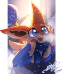  2020 ambiguous_gender archen blue_body blue_eyes blue_feathers blush feathers fossil_pok&eacute;mon fur fusion gingy_k_fox hybrid legendary_pok&eacute;mon nintendo open_mouth open_smile outside pok&eacute;mon pok&eacute;mon_(species) pok&eacute;mon_fusion scarf shaded signature smile snow solo tan_body tan_fur victini video_games 