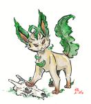  3_toes bone brown_eyes brown_hair eeveelution evil_grin fangs female feral green_leaves hair leafeon nintendo not-fun pale_body pok&eacute;mon pok&eacute;mon_(species) skull smile solo toes traditional_media_(artwork) video_games watermark 