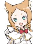  1girl :3 :d animal_ear_fluff animal_ears bell blush bow braid brown_hair capelet capriccio cat_ears commentary_request dress forehead green_eyes hair_bell hair_ornament head_tilt hood hood_down hooded_capelet jingle_bell looking_at_viewer mimi_pearlbaton open_mouth pom_pom_(clothes) re:zero_kara_hajimeru_isekai_seikatsu red_bow short_eyebrows simple_background smile solo thick_eyebrows twin_braids upper_body white_background white_capelet white_dress 