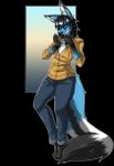  anthro blixt(character) blue_body blue_fur bottomwear canid canine clothing corkiicorgii denim denim_clothing fox fur jeans male mammal multicolored_body multicolored_fur musical_instrument ocarina pants simple_background solo solo_focus sweater topwear wind_instrument 