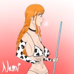  animal_print bikini blush breasts brown_eyes clima-tact cow_girl cow_print earrings jewelry large_breasts long_hair looking_away nami_(one_piece) one_piece orange_hair solo standing swimsuit underboob 
