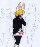  anthro blonde_hair blue_eyes clothed clothing clothing_lift fur genitals hair hand_covering_face hi_res lagomorph legwear leporid male mammal panties panties_down penis public_nudity rabbit rotten_owl simple_background solo tights traditional_media_(artwork) underwear underwear_down white_background white_body white_fur 
