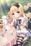  1girl alice_(wonderland) alice_in_wonderland apron bangs black_bow blonde_hair blue_dress blue_eyes blue_sleeves blush bow chair chitosezaka_suzu closed_mouth commentary_request cup day detached_sleeves dress eyebrows_visible_through_hair flower food frilled_apron frills hair_bow holding holding_cup long_hair macaron on_chair outdoors puffy_short_sleeves puffy_sleeves rose rose_bush sandwich saucer short_sleeves sitting smile solo spoon strapless strapless_dress striped striped_legwear table tablecloth teacup teapot thighhighs tiered_tray very_long_hair waffle white_apron wrist_cuffs 