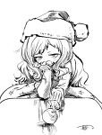  1girl bangs character_request copyright_request eyebrows_visible_through_hair food fruit greyscale hat highres hiro_(dismaless) kotatsu long_eyelashes long_hair long_sleeves looking_at_viewer monochrome santa_hat signature solo table 