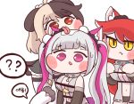  :&lt; :p ?? animal_ears bangs blonde_hair blunt_bangs brown_hair bulga dog_ears eternity_(last_origin) eyebrows_visible_through_hair fang fenrir_(last_origin) hachiko_of_castling korean_text last_origin licking licking_hair multicolored_hair pink_hair red_eyes red_hair silver_hair simple_background tongue tongue_out twintails two-tone_hair white_background wolf_ears wolf_girl yellow_eyes 