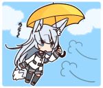  1girl animal_ears background_text blue_eyes blush chibi cloud hibiki_(kantai_collection) kantai_collection long_hair mary_poppins parasol silver_hair skirt sky solo umbrella uniform verniy_(kantai_collection) wolf_ears yellow_umbrella yoru_nai 