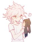  2boys ? animal_ears bangs blue_pants blush brown_hair bunny_ears bunny_tail collarbone commentary_request danganronpa_(series) danganronpa_2:_goodbye_despair frown grey_hair hair_between_eyes hinata_hajime holding holding_another io_(sinking=carousel) komaeda_nagito long_hair looking_at_another messy_hair miniboy multiple_boys pants rabbit_boy shirt simple_background spiked_hair spoken_question_mark tail upper_body white_background white_shirt 