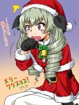  1girl ^^^ anchovy_(girls_und_panzer) bangs black_gloves black_ribbon blue_background bow bowtie capelet christmas commentary dress drill_hair eyebrows_visible_through_hair fur-trimmed_capelet fur-trimmed_dress fur_trim girls_und_panzer gloves gradient gradient_background green_hair green_neckwear hair_ribbon half-closed_eye hat italian_commentary long_hair long_sleeves looking_to_the_side merry_christmas motion_lines neck_bell oosaka_kanagawa orange_background pantyhose red_capelet red_dress red_eyes red_headwear ribbon saliva santa_costume santa_dress santa_hat short_dress sitting solo sweatdrop translated twin_drills twintails waking_up wariza white_legwear wiping_mouth 