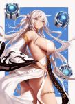  1girl ass bangs banned_artist bare_shoulders black_panties blue_eyes border breasts closed_mouth detached_sleeves dress dungeon_and_fighter earrings female_gunner_(dungeon_and_fighter) half_updo highres jewelry korean_commentary large_breasts long_hair monaim panties sideboob silver_hair thighlet thighs underwear very_long_hair white_border white_dress wide_sleeves 