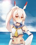  1girl absurdres armpits ascot ayanami_(azur_lane) azur_lane bangs belt blue_sky blurry blush choker cloud cloudy_sky commentary_request depth_of_field detached_sleeves eyebrows_visible_through_hair eyes_visible_through_hair hair_between_eyes hair_ornament hairclip hand_on_hip headgear highres horizon long_hair looking_at_viewer midriff navel ocean orange_eyes pleated_skirt ponytail pose retrofit_(azur_lane) ribbon-trimmed_sleeves ribbon_trim school_uniform serafuku shasha_(shasha159357) sidelocks silver_hair skirt sky smile solo wide_sleeves 