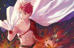  1boy 7aehyun bangs cape embers emiya_shirou fate/grand_order fate_(series) fire hand_rest holding holding_cape igote limited/zero_over looking_to_the_side male_focus orange_eyes red_hair sengo_muramasa_(fate) solo toned toned_male upper_body wind wristband 