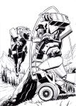  2boys autobot clenched_hand commission decepticon derivative_work english_commentary fighting highres jazz_(transformers) lineart marvel mecha monochrome mountain multiple_boys nick_roche no_humans open_hand open_mouth parody ravage transformers visor 