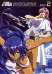 2girls agent_aika aika_(series) bangs bare_arms bare_legs bare_shoulders bikini blue_eyes blue_hair breasts brooch copyright_name cover covered_nipples cravat dark_skin dark_skinned_female dress dvd_cover earrings earth english_text engrish_text evil_smile eyebrows_visible_through_hair hand_on_hip highres jewelry large_breasts laughing lipstick logo long_hair makeup multiple_girls neena_hagen official_art pink_hair planet ranguage red_lips scarf shivie_aika smile space space_craft sumeragi_aika swimsuit thighs transformation underboob yamauchi_noriyasu 