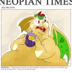  3_fingers anthro bodily_fluids cannibalism caught_off_guard dragon draik_(neopets) drooling egg english_text fingers green_hair hair hi_res jumpstart_games male markings neopet_(species) neopets newspaper overweight overweight_anthro overweight_male saliva solo teeth_showing text unknown_artist video_games white_markings yellow_body 
