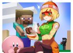  1boy 1girl 1other arms_(game) beanie block blonde_hair blue_eyes blush dish domino_mask eating enderman eyebrows_visible_through_mask food full_body green_eyes hat highres katwo kirby kirby_(series) knit_hat mask meat min_min_(arms) minecraft monster noodles ramen short_hair shorts steve_(minecraft) super_smash_bros. 