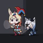  2girls animal_ears black_hairband black_headwear blonde_hair blue_jacket braid camera chibi clown elbow_gloves flashlight fox_ears fox_girl gloves hairband hat highres holding holding_camera hololive jacket mini_hat multiple_girls omaru_polka phasmophobia purple_eyes scared shirakami_fubuki single_elbow_glove single_glove virtual_youtuber walking white_hair yuikannon 