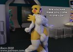  3d_(artwork) anthro armwear bacn balls big_breasts black_sclera blush breasts bulge canid canine clothed clothing detailed_background digimon digimon_(species) digital_media_(artwork) fox fur genitals gynomorph intersex legwear looking_at_viewer mammal nipple_outline nipples open_mouth penis renamon rubber solo_focus space text thick_thighs thigh_highs white_body white_fur yellow_body 