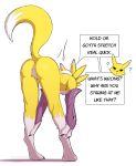  2021 ? anthro anus bent_over black_sclera blue_eyes butt dialogue digimon digimon_(species) digitigrade dipstick_ears dipstick_tail english_text female fur genitals koopacap leaning leaning_forward multicolored_ears multicolored_tail pussy raised_tail renamon shaded simple_background solo speech_bubble stretching text white_background white_body white_fur yellow_body yellow_fur 