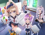  4girls alternate_costume animal_ears arms_up ayanami_(azur_lane) azur_lane bangs black_legwear black_panties blue_eyes blue_skirt blush bow bowl brown_hair bunny_ears can carrying chair chalkboard classroom coat cola collarbone commentary_request contemporary crown cup desk eyebrows_visible_through_hair eyes_visible_through_hair fake_animal_ears floor from_above full_body green_eyes green_tea hair_between_eyes hair_bow hair_ornament hair_ribbon hairband hairpin hat headgear helvetica_std highres iron_cross javelin_(azur_lane) kneehighs laffey_(azur_lane) long_hair looking_at_viewer looking_away looking_up mini_crown multiple_girls orange_eyes panties pantyshot parted_lips pleated_skirt ponytail purple_hair red_eyes ribbon school_chair school_desk school_uniform serafuku shoes short_hair shouting sidelocks silver_hair sitting skirt skirt_lift soda_can standing sunlight tea teacup thighhighs tray twintails underwear uwabaki white_hair white_panties whiteboard window yunomi z23_(azur_lane) zettai_ryouiki 