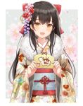  1girl 2021 :d bangs black_hair bow brown_eyes chinese_zodiac commentary ema eyebrows_visible_through_hair floral_print flower fur_collar hair_bow hair_flower hair_ornament highres holding japanese_clothes kimono kirifrog long_hair long_sleeves looking_at_viewer new_year obi open_mouth original pink_flower print_kimono red_bow red_flower sash smile solo very_long_hair wide_sleeves year_of_the_ox 
