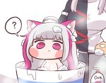  2girls :&lt; ? animal_ear_fluff animal_ears bangs bath bathing black_lilith blunt_bangs breasts bulga chibi dog_ears dog_girl dog_tail eternity_(last_origin) eyebrows_visible_through_hair large_breasts last_origin minigirl multicolored_hair multiple_girls nude out_of_frame pink_hair silver_hair spoken_question_mark tail two-tone_hair 