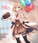  1girl absurdres balloon blonde_hair blue_eyes blurry blurry_background breasts cake capelet collared_shirt dayshiart english_commentary food happy_birthday high-waist_skirt highres holding holding_balloon holding_tray hololive hololive_english medium_breasts medium_hair pocket_watch shirt shirt_tucked_in skirt smile solo syringe thigh_strap thighhighs tray virtual_youtuber watch watson_amelia white_shirt 