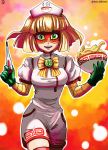  1girl arms_(game) blonde_hair clipboard domino_mask dress food garter_straps hat highres holding holding_syringe looking_at_viewer mask min_min_(arms) noodles nurse nurse_cap short_dress short_hair smile solo stethoscope stoic_seraphim super_smash_bros. syringe thighhighs white_legwear 