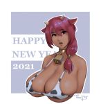  1girl 2021 animal_ears animal_print bell bell_choker bikini border breasts chinese_zodiac choker cleavage cow_ears cow_girl cow_horns cow_print cowbell dark_skin dark_skinned_female english_text eyebrows_visible_through_hair grey_background hair_over_shoulder hair_tubes happy_new_year highres horns huge_breasts looking_at_viewer low_ponytail micro_bikini new_year original outside_border parted_lips print_bikini red_eyes red_hair skindentation solo steamedturnips strap_gap swimsuit underboob upper_body upper_teeth white_border year_of_the_ox 