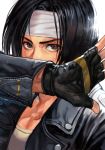  1boy bangs black_hair black_jacket brown_eyes collarbone covered_mouth fingerless_gloves gloves headband hungry_clicker jacket kusanagi_kyou leather leather_jacket male_focus open_clothes open_jacket shirt short_hair solo the_king_of_fighters white_headband white_shirt zipper 