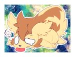  4_fingers brown_body brown_fur extyrannomon_(artist) feral fingers fur hi_res linoone lying male nintendo numa_(ouroporos) on_front on_ground pok&eacute;mon pok&eacute;mon_(species) simple_background solo tail_on_back tired_eyes tongue tongue_out video_games 