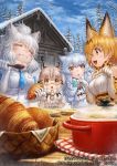  4girls animal_ear_fluff animal_ears arctic_fox_(kemono_friends) bangs bare_shoulders blonde_hair bow bowtie breast_pocket brown_hair capelet closed_eyes closed_mouth coat commentary_request copyright day eating elbow_gloves eurasian_lynx_(kemono_friends) extra_ears eyebrows_visible_through_hair fisheye food fox_ears fur_collar glasses gloves hands_up high-waist_skirt holding holding_food holding_spoon kemono_friends lain light_brown_hair lion_ears long_hair looking_at_another lynx_ears medium_hair multicolored_hair multiple_girls necktie official_art open_mouth orange_eyes outdoors parted_lips paw_pose plaid_neckwear plate pocket pot print_gloves print_neckwear print_skirt semi-rimless_eyewear serval_(kemono_friends) serval_ears serval_print shirt short_hair silver_hair skirt sleeveless sleeveless_shirt smile snow spoon streaked_hair table two-tone_hair under-rim_eyewear watermark white_hair white_lion_(kemono_friends) wooden_spoon yellow_eyes 