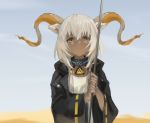  1girl animal_ears arknights bangs beeswax_(arknights) black_jacket dark_skin dark_skinned_female day dress goat_ears goat_horns gold_horns hara_shoutarou highres holding holding_staff horns infection_monitor_(arknights) jacket medium_hair outdoors parted_lips solo staff upper_body white_dress white_hair yellow_eyes 