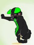  accent anthro black_body black_fur black_nose blush bodily_fluids breath canid canine dalet digitigrade embarrassed fur genital_fluids green_ears hi_res kaiizree male mammal nude omorashi peeing simple_background solo sweat urine urine_pool watersports wetting 
