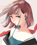  1girl absurdres aqua_camisole black_jacket bob_cut brown_background brown_hair highres jacket looking_at_viewer off_shoulder original parted_lips red_ribbon ribbon richard_(ri39p) shadow short_hair simple_background solo upper_body 