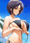  1girl bangs bare_shoulders bikini black_bikini blue_sky breasts closed_mouth cloud commentary day english_commentary hands_up hayami_kanade highres horizon idolmaster idolmaster_cinderella_girls mixed-language_commentary navel ocean outdoors palm_tree parted_bangs short_hair side-tie_bikini sky solo swimsuit tony_guisado tree underboob untied untied_bikini upper_body water water_drop yellow_eyes 