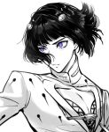  1boy bangs blunt_bangs bob_cut bruno_buccellati closed_mouth commentary_request floating_hair hair_ornament hairclip high_collar highres jojo_no_kimyou_na_bouken looking_ahead looking_away male_focus patterned_clothing pectorals purple_eyes short_hair simple_background solo spot_color tiyi_(tiyi_a09) upper_body vento_aureo white_background zipper zipper_pull_tab 